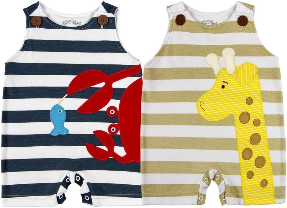 Kit 2 Macacões Bebê Sem Manga Listrado – Estampas Siri e Girafa – Suedine 100% Algodão – Cor Branco