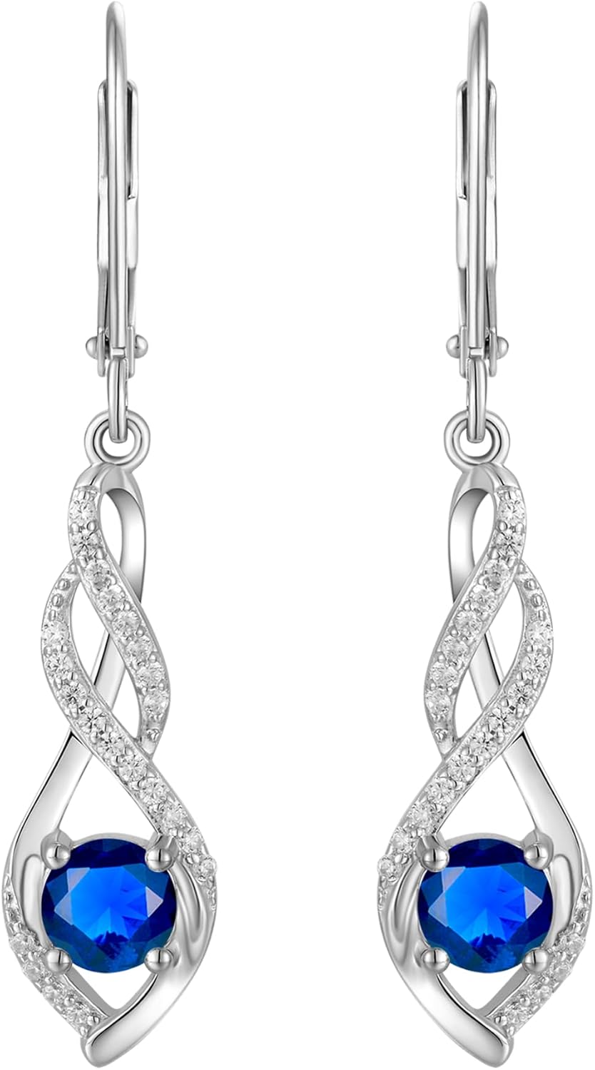 YL Infinity Twisted Earrings for Women, Solid Sterling Silver 18K White Gold Plated Birthstone Dangle Leverback Jewelry