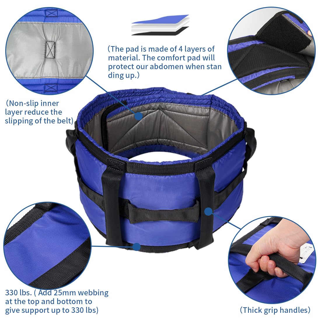 Ehucon Gait Belt for Elderly, Transfer Belt wiht Padded Handles for Lifting Seniors,Medical Nursing Walking Assist with Quick Release Buckle,Comfortable and Safety-Blue(X-Large)