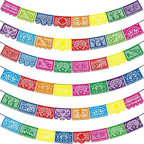 Mexikanische Partybanner 6 Stück Fiesta Mexikanische Party Dia De Los Muertos Tag der Toten Dekoration Cino de Mayo Halloween Mexiko Fiesta Partyzubehör Kunststoff Papier Picado Banner 28 m & 6 Stile Cover