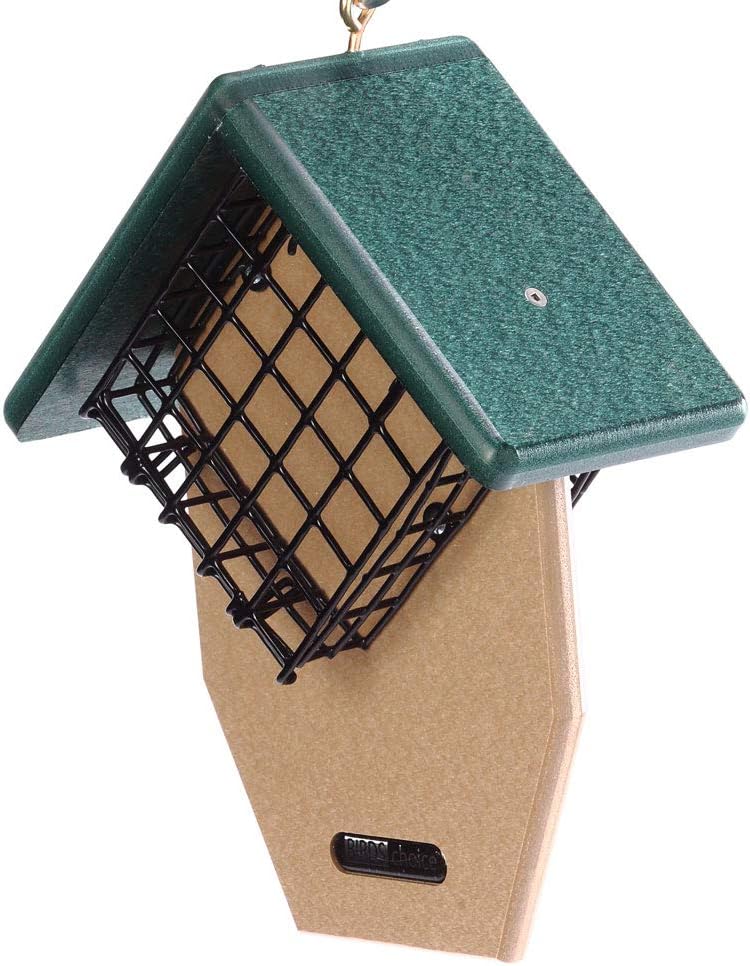 Birds Choice Double Suet Feeder with Tail Prop, Holds 2 Suet Cakes | Hanging Suet Bird Feeder with Roof, Woodpeckers, Jays, Nuthatches | Sturdy for Garden & Backyard |Taupe & Green, 9.5"L x 5"W x 12"H
