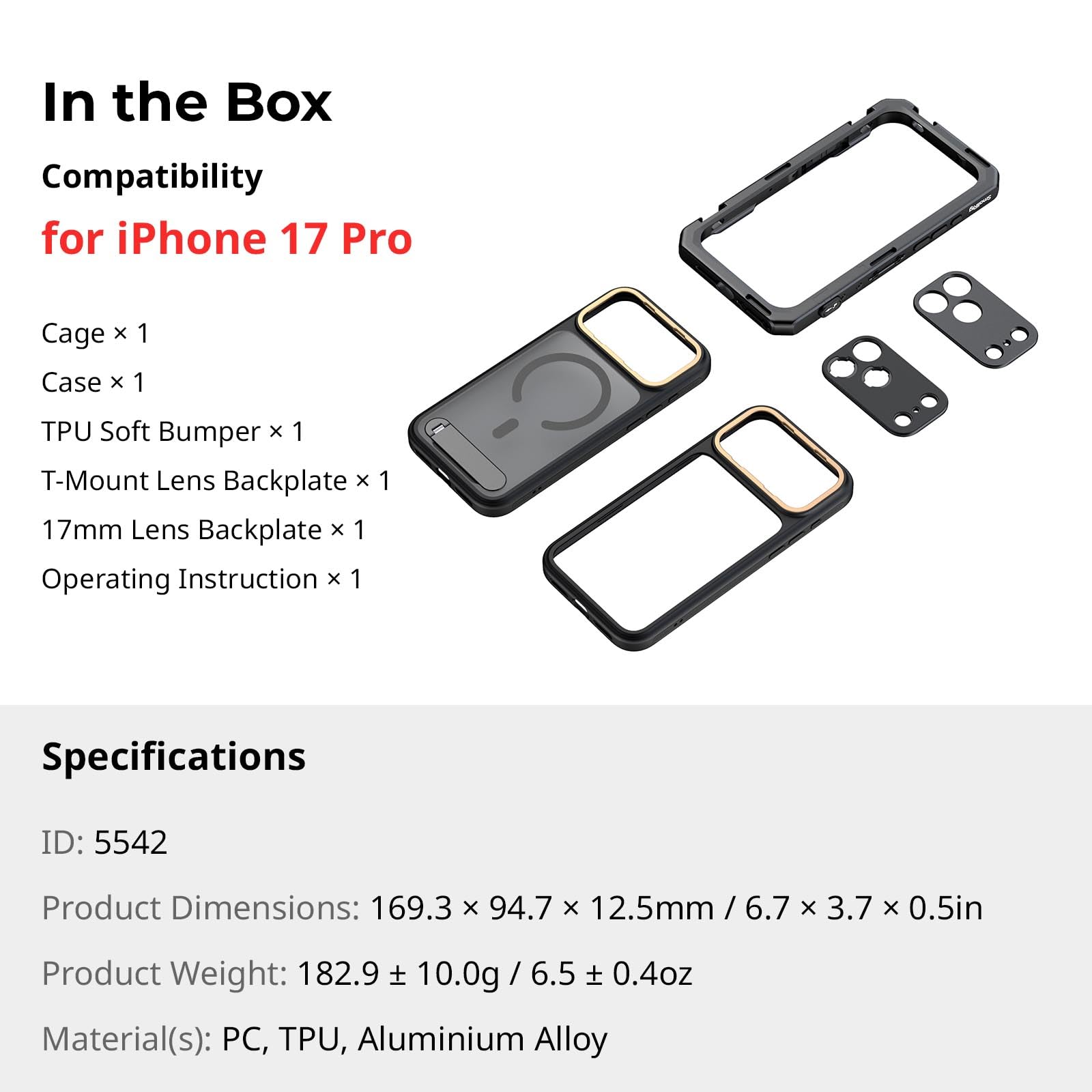SMALLRIG Mobile Video Cage per iPhone 17 Pro, con custodia per telefono/telaio morbido in TPU/attacco a T e piastra posteriore per obiettivo filettata da 17 mm, rig video per telefono - 5542