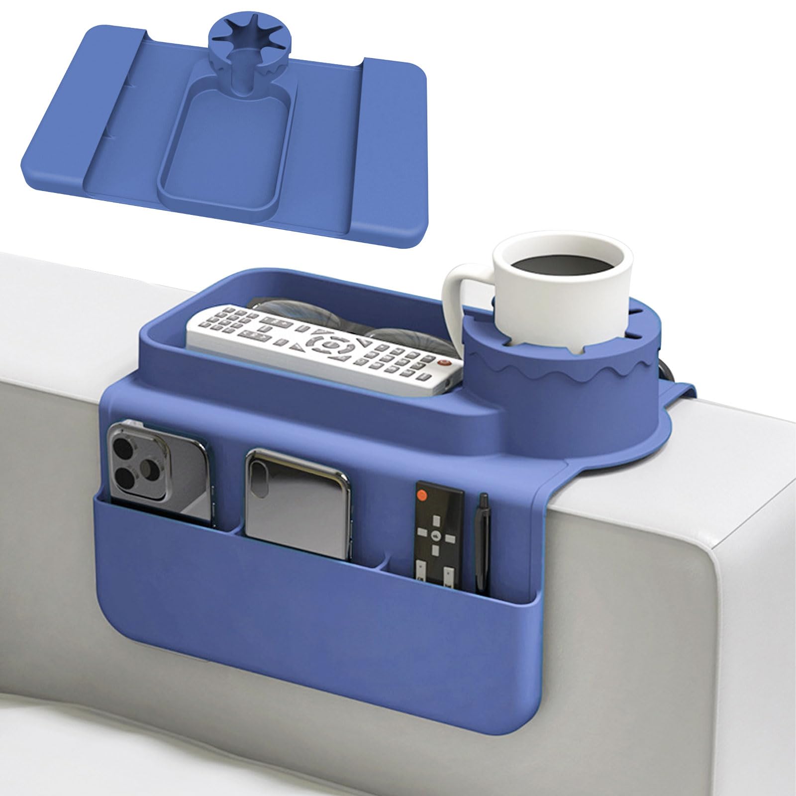 Couch Cup Holder, Silicone Anti-Slip Sofa Armrest Tray with Dual Side Pockets, Blue Anti-Spill Sofa Arm Drink Holder, Large Storage Capacity Couch Arm Tray for Cup Phone Tablet Remote Control Snack