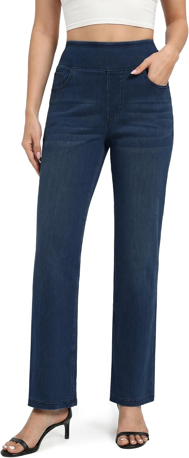 Pull on Straight Leg Jeans for Women Stretchy Sweatpant...