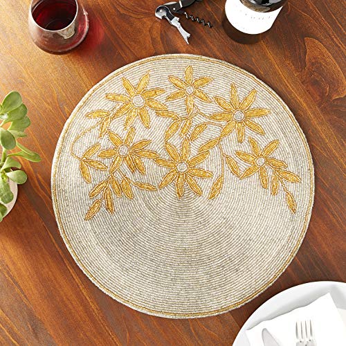 Kindwer Glass Beaded Flower Placemat, 15", Silver/Gold #TOP4