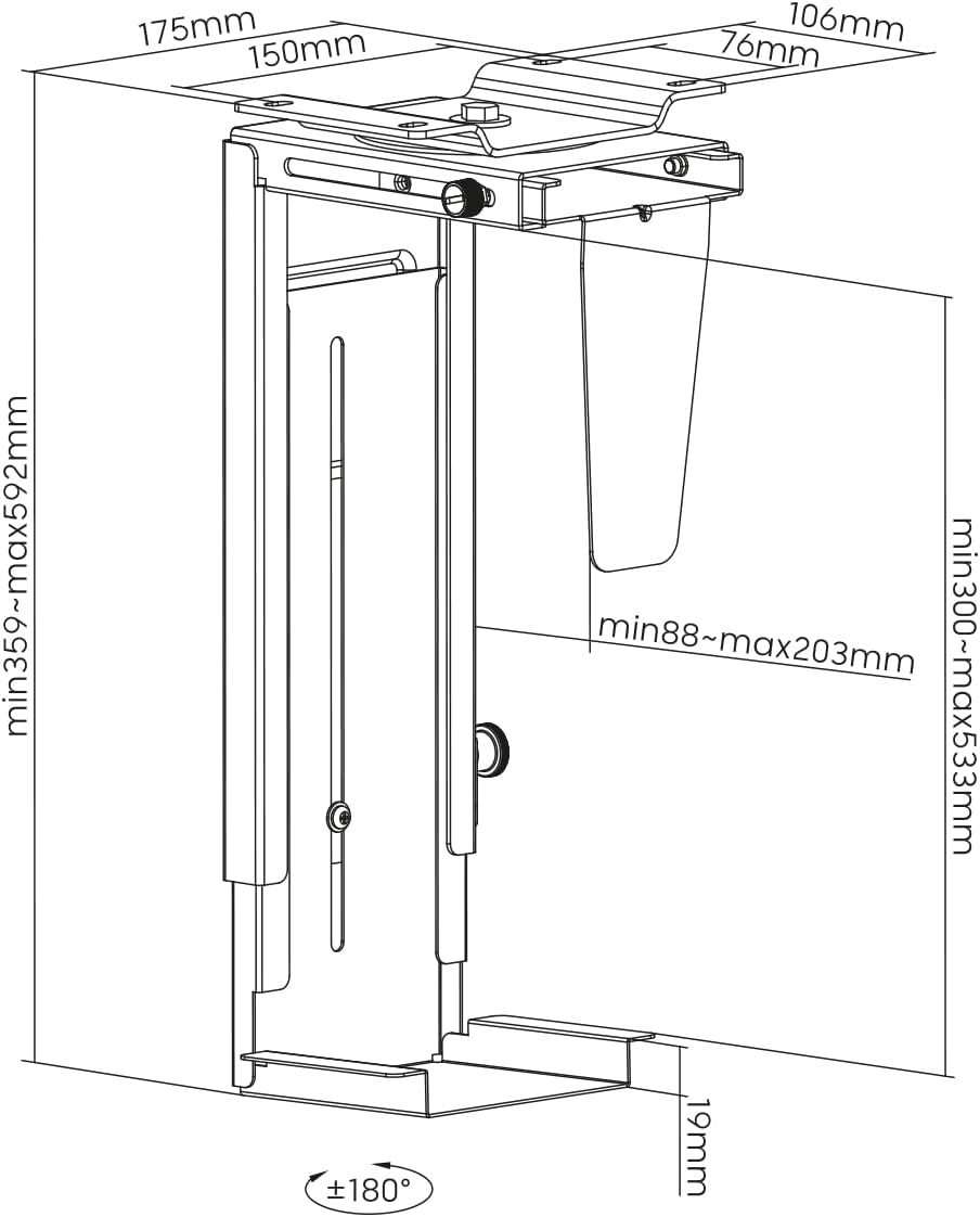 Technical diagram of the LogiLink E20270 PC mount with detailed dimensions for height, width, and mounting plate, including 360-degree rotation indicator.