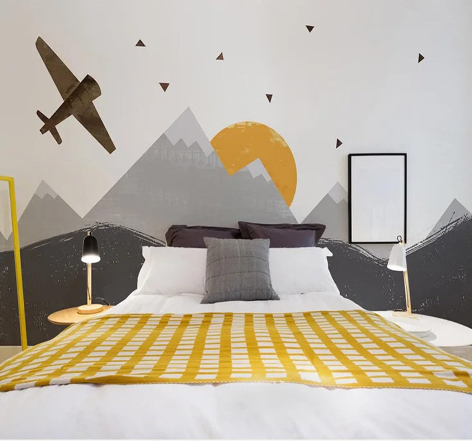 Xlming 430Cm×300Cm(B×H) Cartoon Hand Drawn Geometric Mountain Peaks Sun Aeroplane 3D Wallpaper Silky Texture Home Study Office Grey Dining Room Sofa Bedroom Living Room Tv Backdrop-430Cm×300Cm