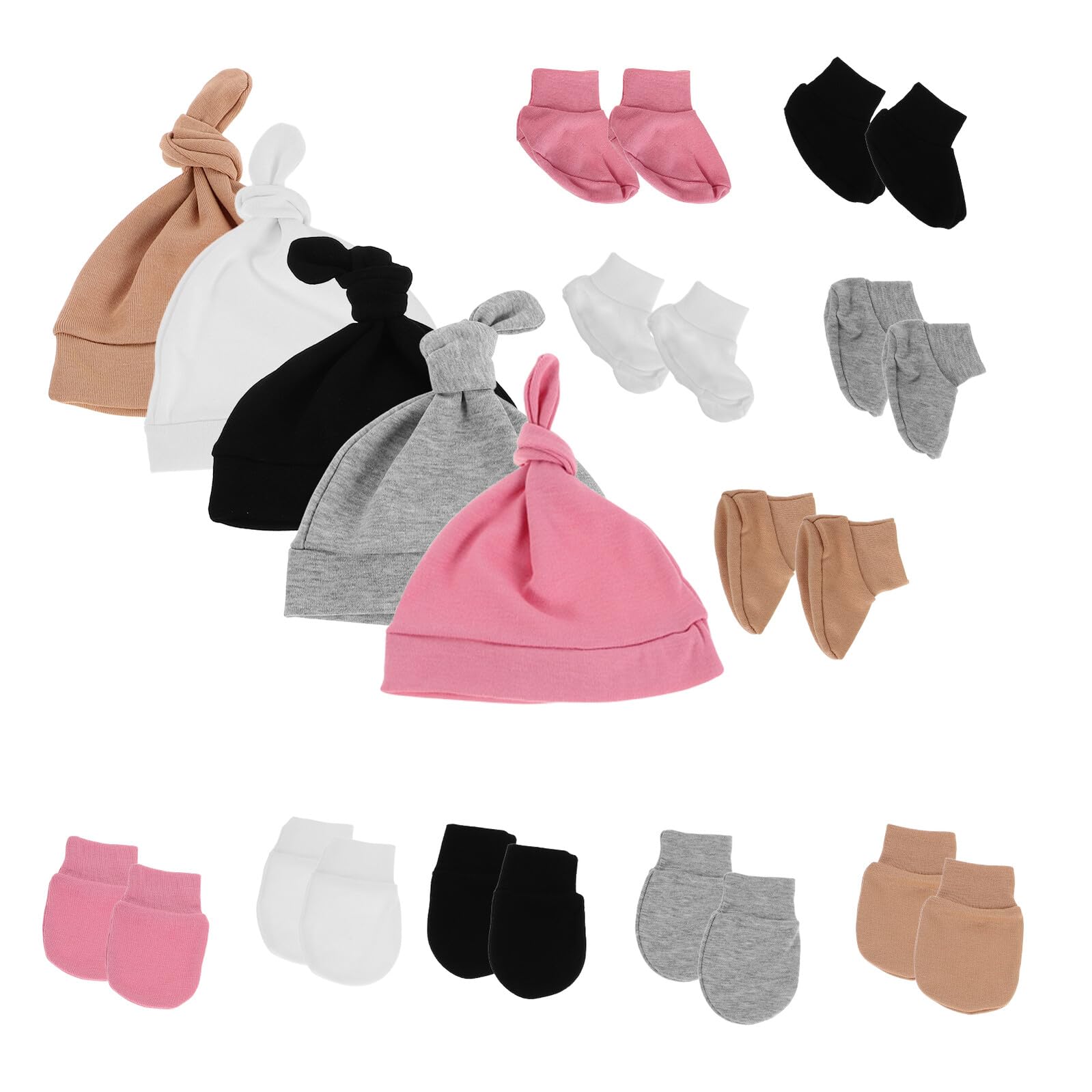 Abaodam 5sets Cappellini in Cotone per Ragazzo Ragazza Ragazza Mesi Guanti e Calzini per Ragazzo Set Completo di Accessori Cappelli e Guanti di Entrambi i Sessi