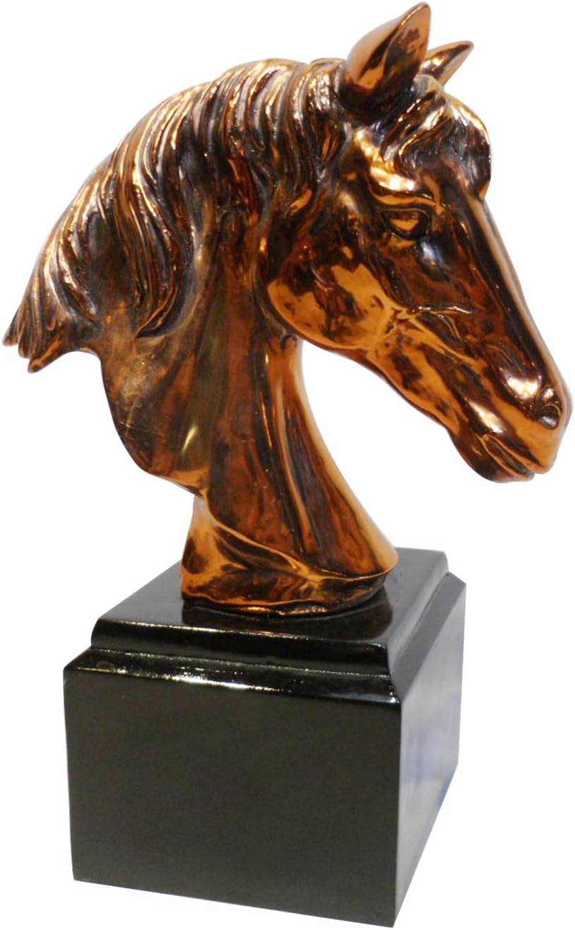 HomeView Design Horse Head Sculpture in Copper Electroplate on Black Square Base