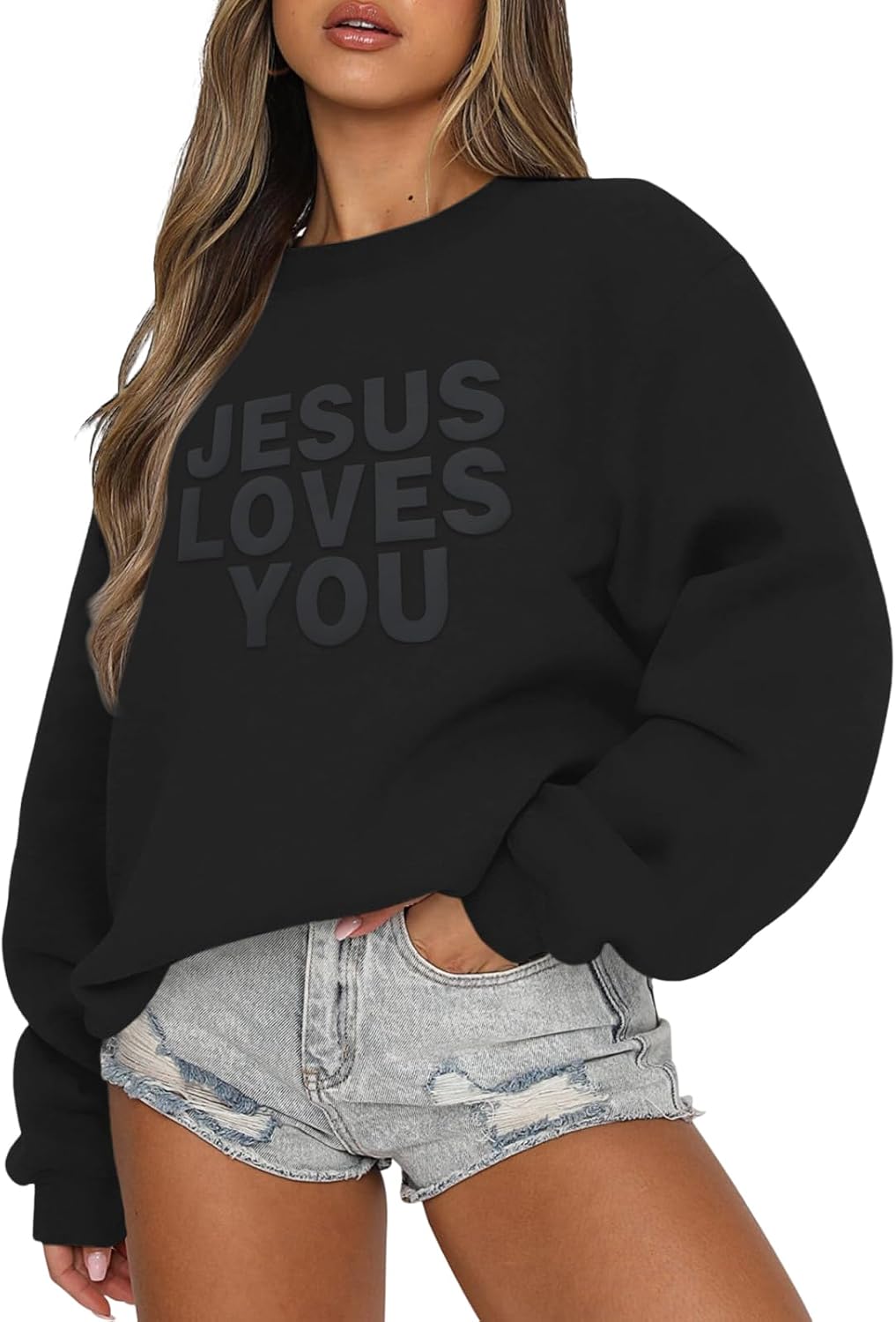 Christian Sweatshirts for Women Jesus Loves You Bible Verse God Hoodie Faith Puff Printed Graphic Sweatshirt