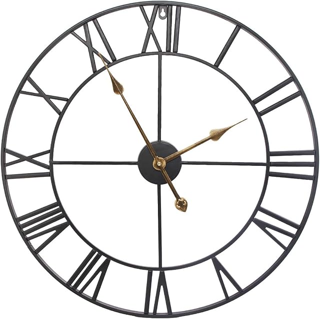 SEJU 60cm Large Metal Wall Clocks, Silent Non Ticking Vintage Retro Style Wall Clock with Roman Numerals, for Living Room Garden Bedroom Kitchen Office Lounge Hotel Decor Gift, Black