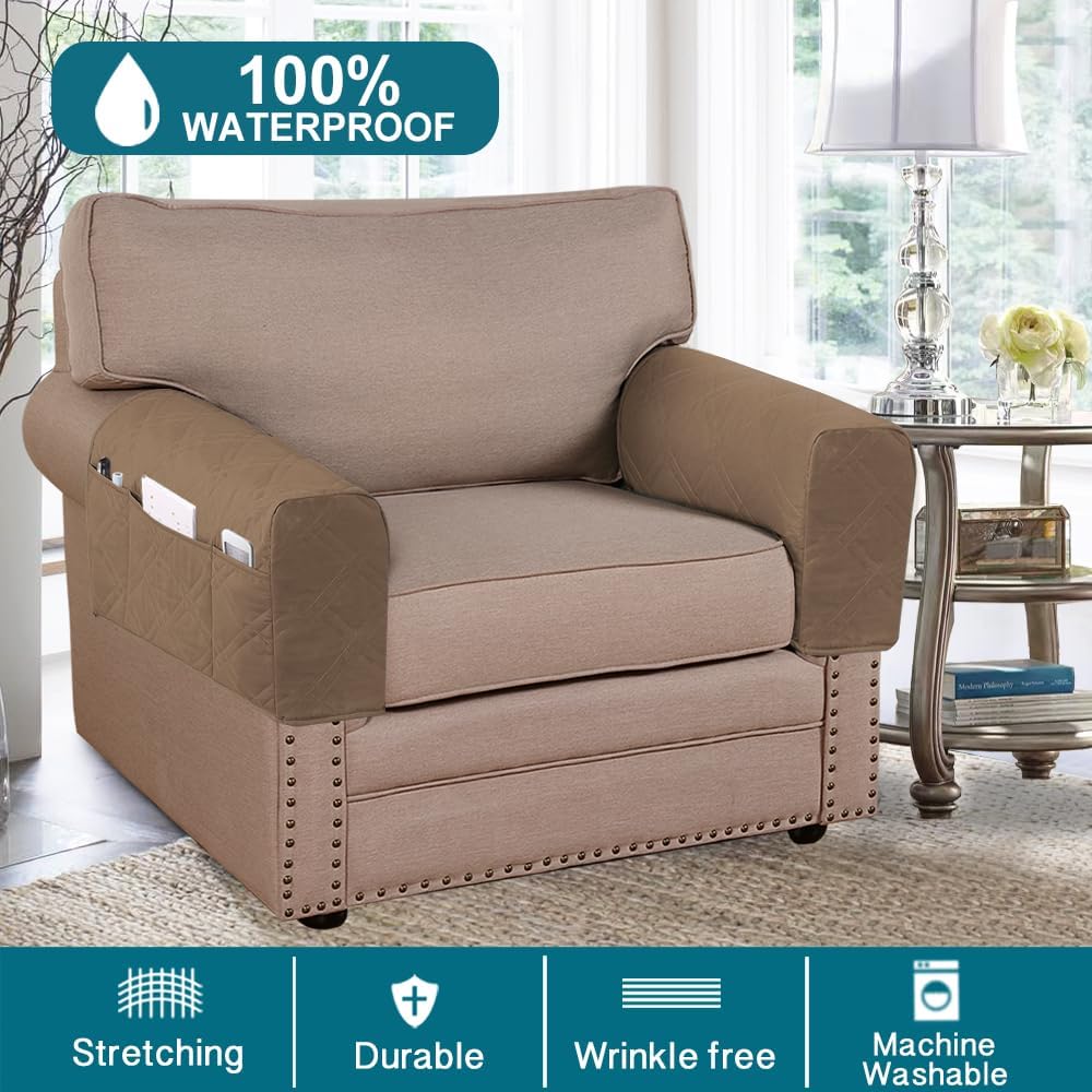 Waterproof Armrest Covers for Recliner with 3 Side Pockets Non-Slip Arm Covers for Chairs and Sofas Protector for Dogs Armrest Slipcovers Set of 2 (Taupe)