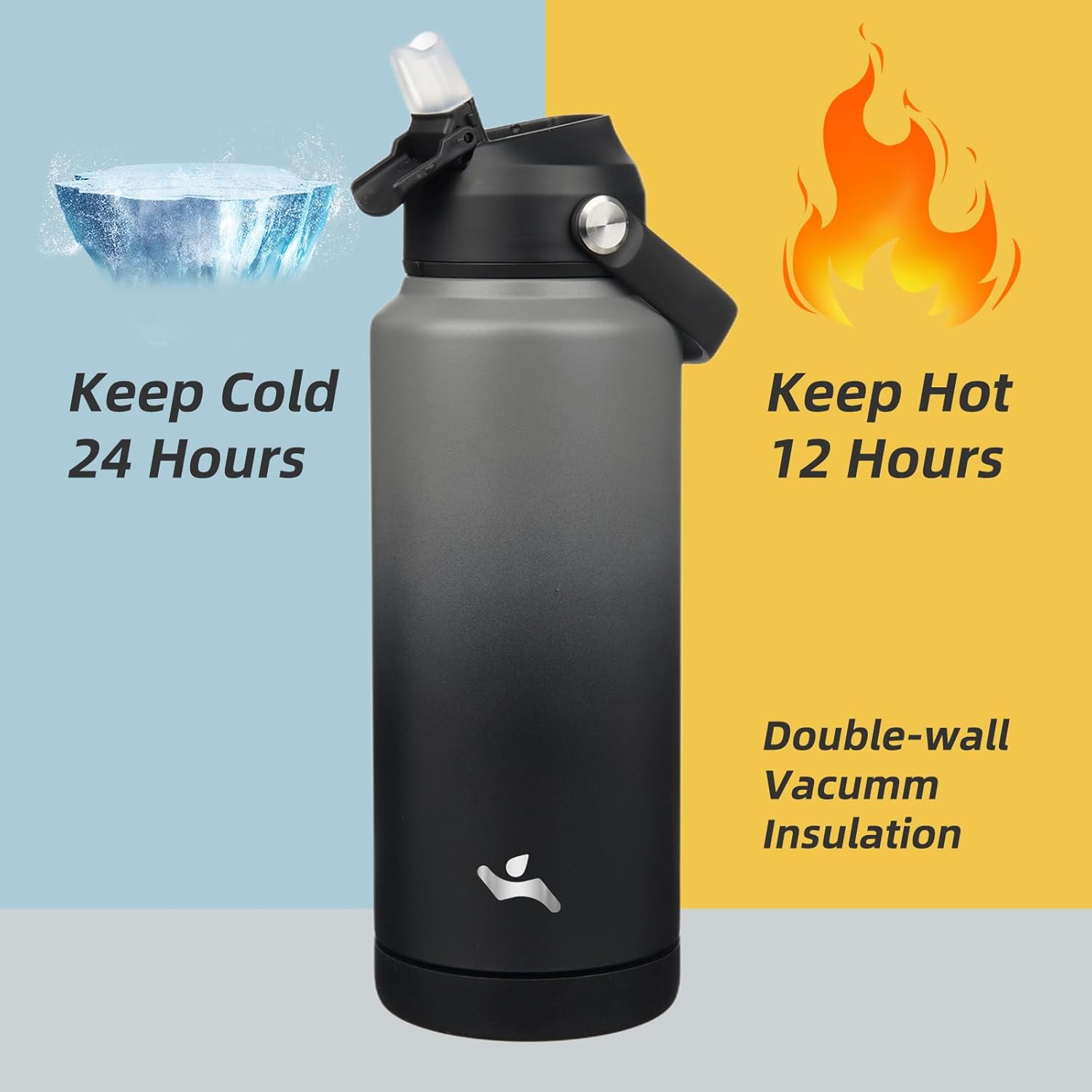 Insulated Water Bottle with Straw Lid,32 oz Stainless Steel Vacuum Metal Bottle with Silicone Handle,Gray Black - Image 3