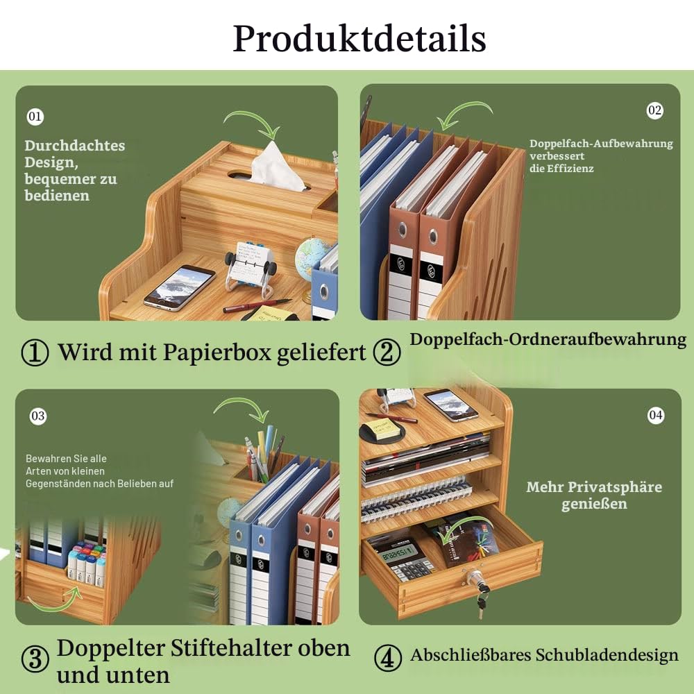 Hggzeg Schreibtisch-Organizer aus Holz mit Schublade, großes Fassungsvermögen, Schreibtisch-Organizer, A4-Papier-Dokumentensortierer, DIY-Bürobedarf, Aufbewahrungsbox für Zuhause(JB07-2 Kirschholz)