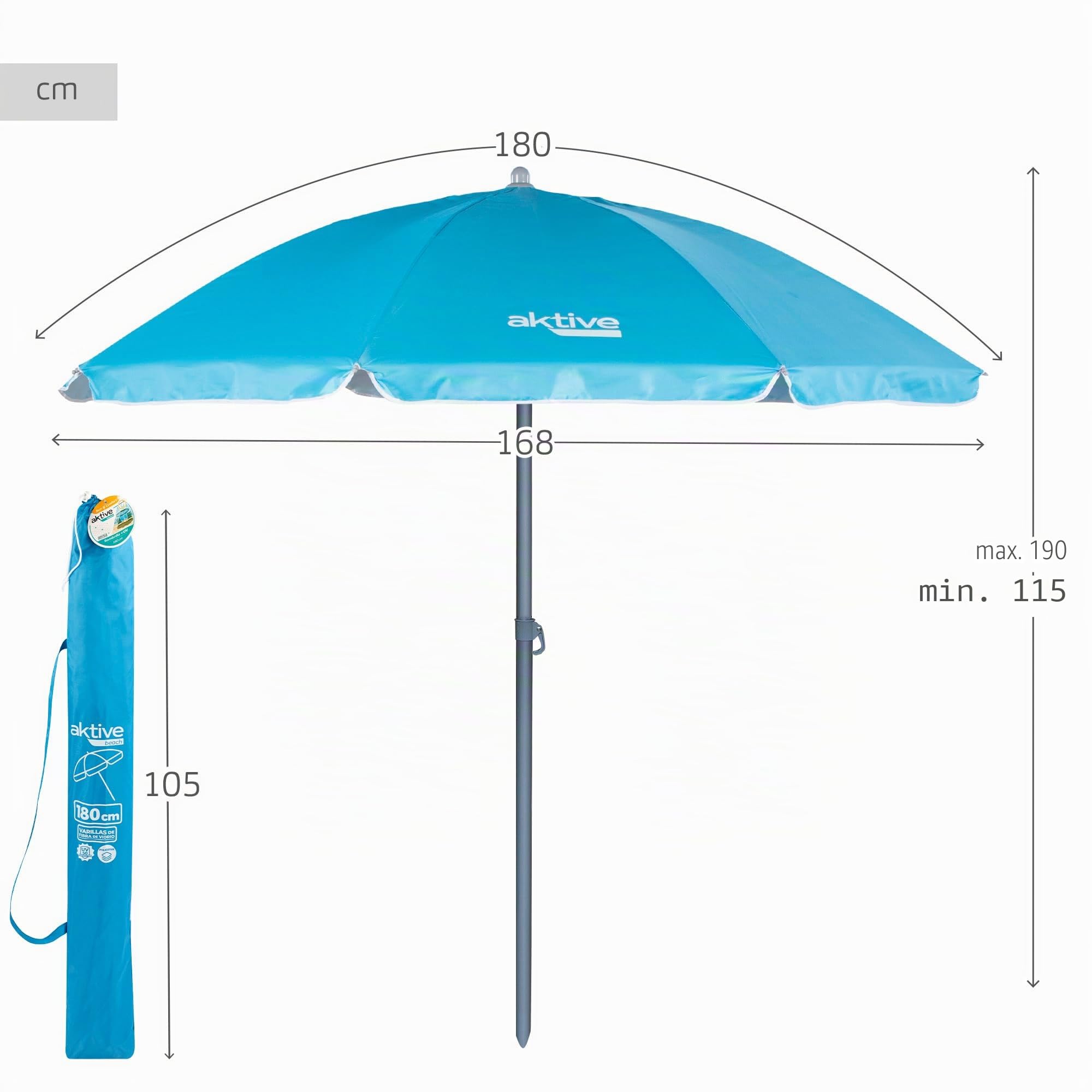 AKTIVE Parasol de plage pliable style moderne et attrayant Ø180, avec revêtement argenté et protection UV 50, paravent plage, parasol, para-soleil plage, parasols de plage