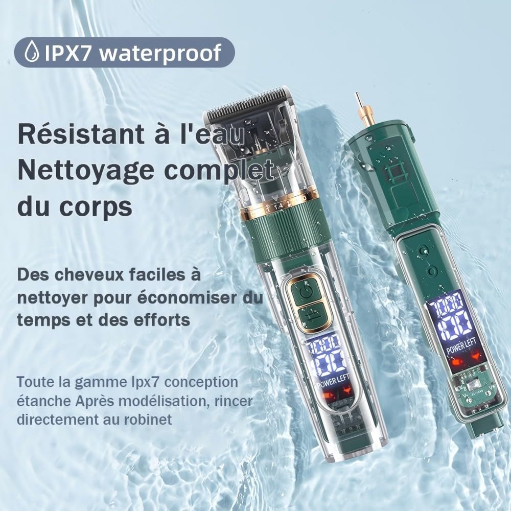 Tondeuse Professionnelle pour Chien et Chat, avec Écran LED, 4 Peignes de Limite, 3 Vitesses, Étanche IPX7 - pour Poils Longs et Noeud (Vert)