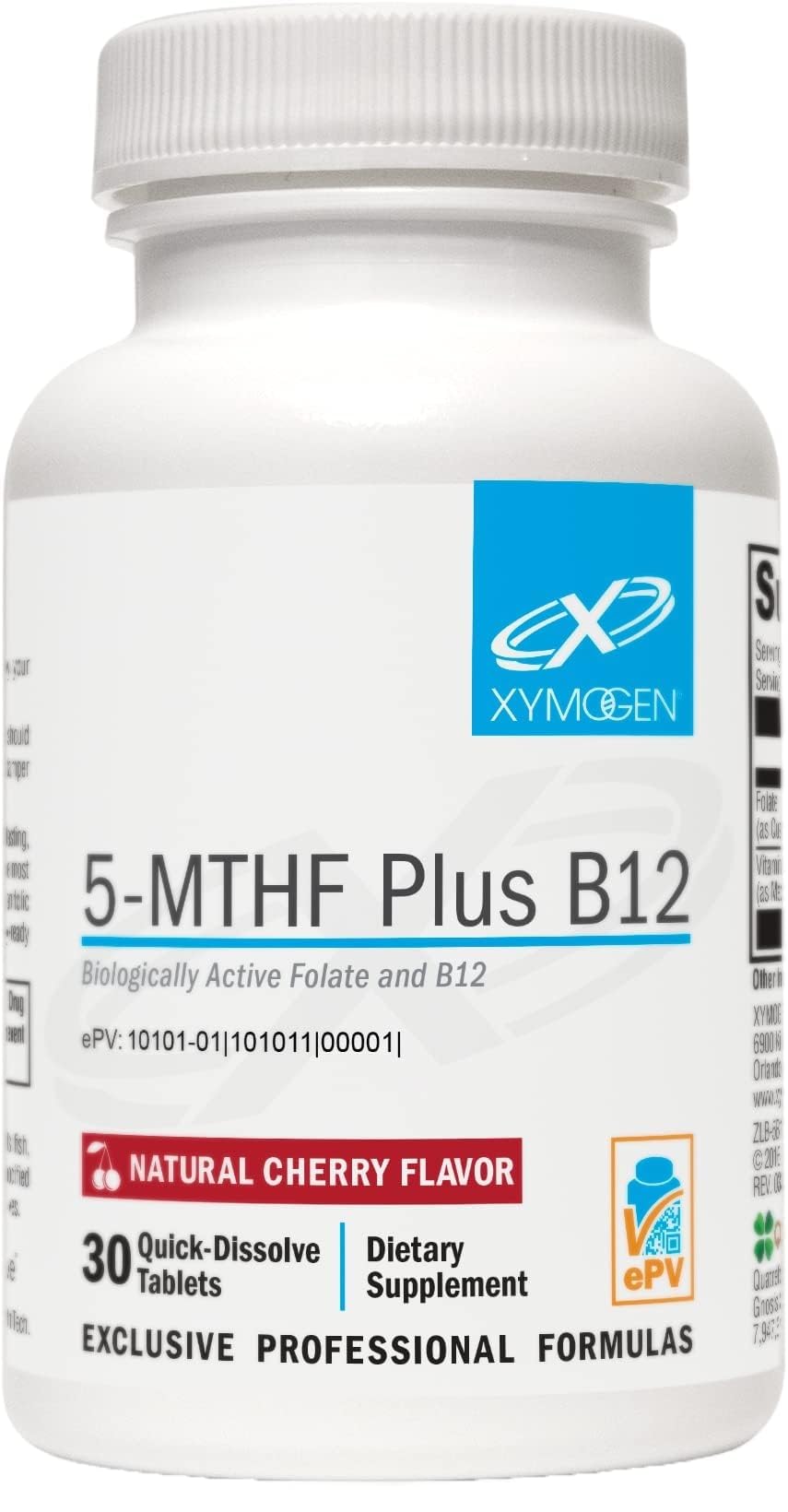 XYMOGEN 5-MTHF Plus B12, Cherry Flavor, 30 Quick-Dissolve Tablets 30 Count (Pack of 1)