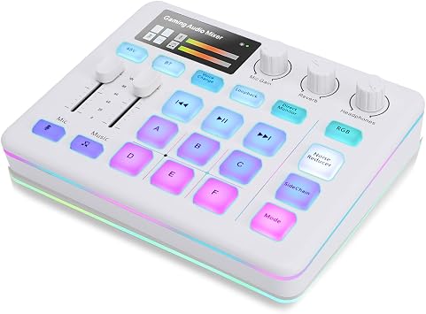Portable Audio Mixer & Live Sound Card with Voice Changer, RGB Gaming Lights, Bluetooth Accompaniment, Compatible with, PC, for Streaming and Podcasting White