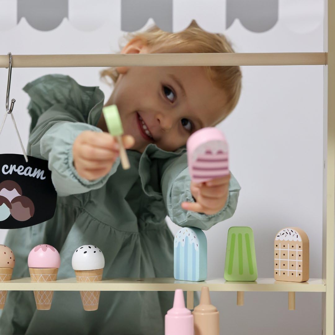 Mamabrum Holz Eisdiele für Kinder 3+, Rollwagen mit EIS, Spielen, Dezentes Design, Reichhaltige Accessoires, Entwickelt Kreativität und Soziale Fähigkeiten