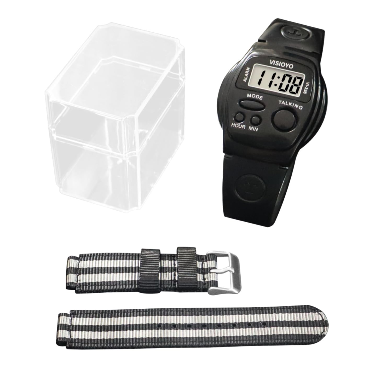 Orologio parlante in spagnolo per non vedenti - con voce chiara per non veggenti e adulti più anziani | dice automaticamente l'ora e allarme | Include cinturino in nylon resistente