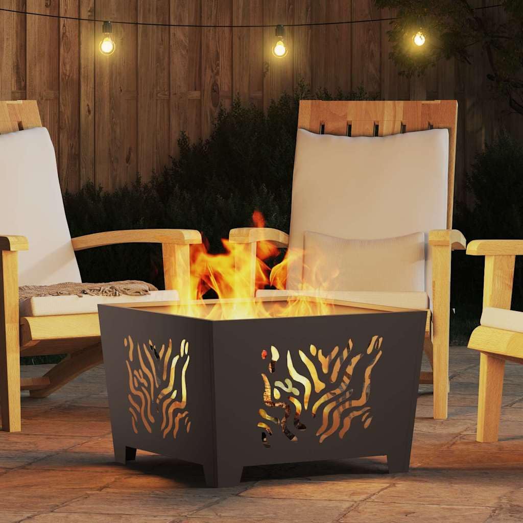 Quadratische Feuerstelle Schwarz aus Stahl 60 x 60 x 40 cm, 7,15 kg, tragbarer Outdoor Kamin Ofen für Terrasse Balkon, mit Brennraum und Flammschutz und 600 C