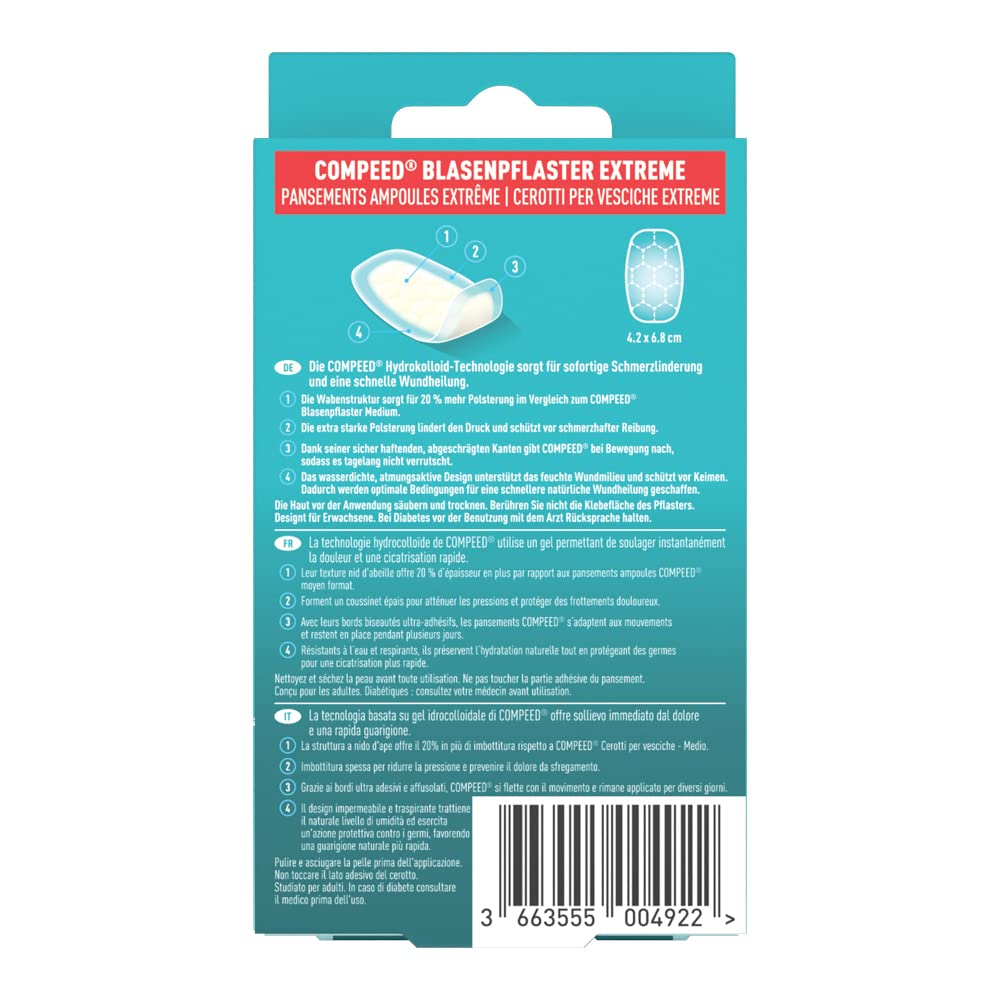 Compeed Extreme Cerotti per vesciche medie o grandi. Lunga durata e resistenti all'acqua. Struttura a nido d'ape offre il 20% in più di imbottitura, 10 Cerotti. Pack 100% plastic free
