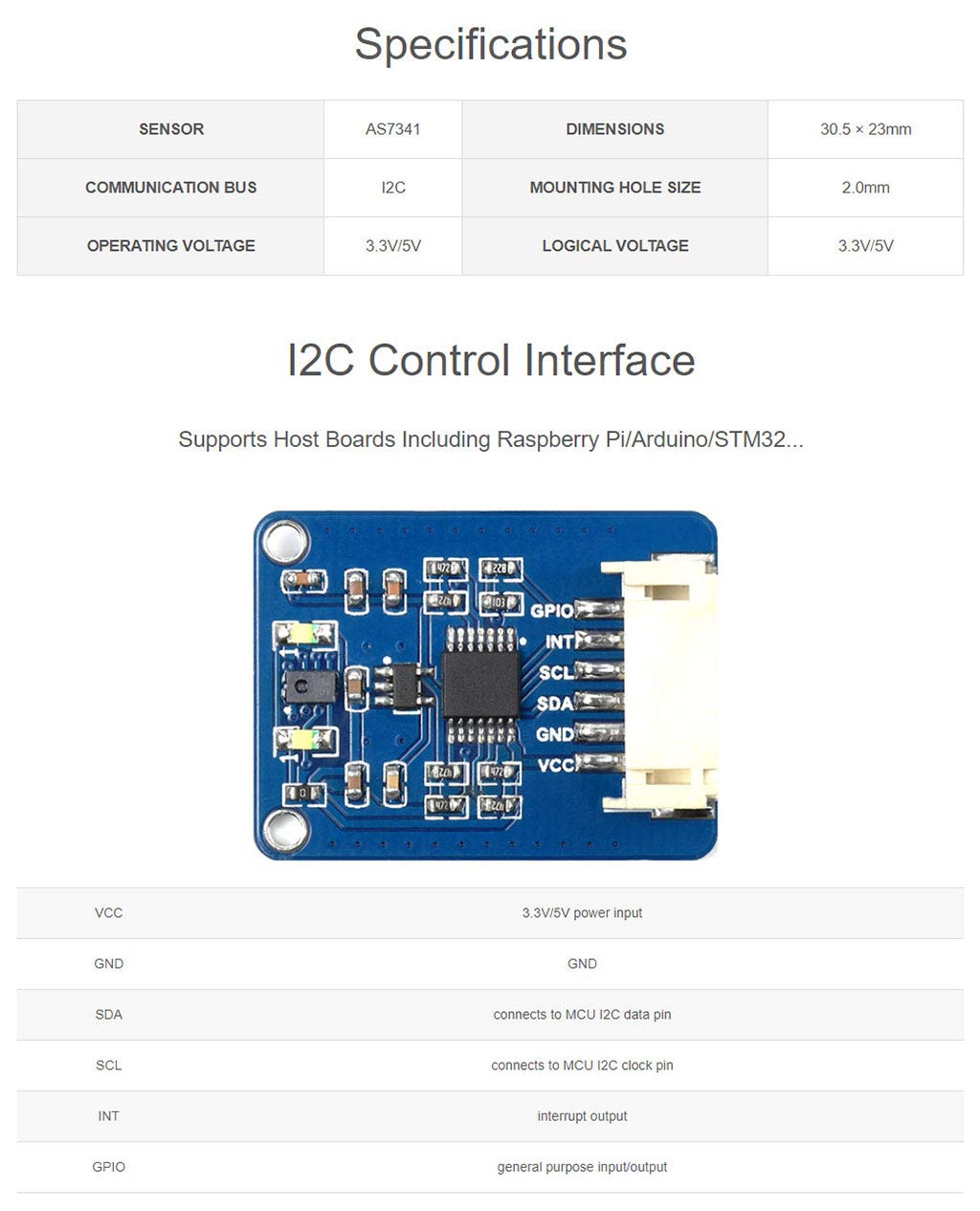 AS7341 Spectral Color Sensor Module for Raspberry Pi/STM32, Visible Spectrum Sensor, Multi Channels, High Precision, I2C Control Interface
