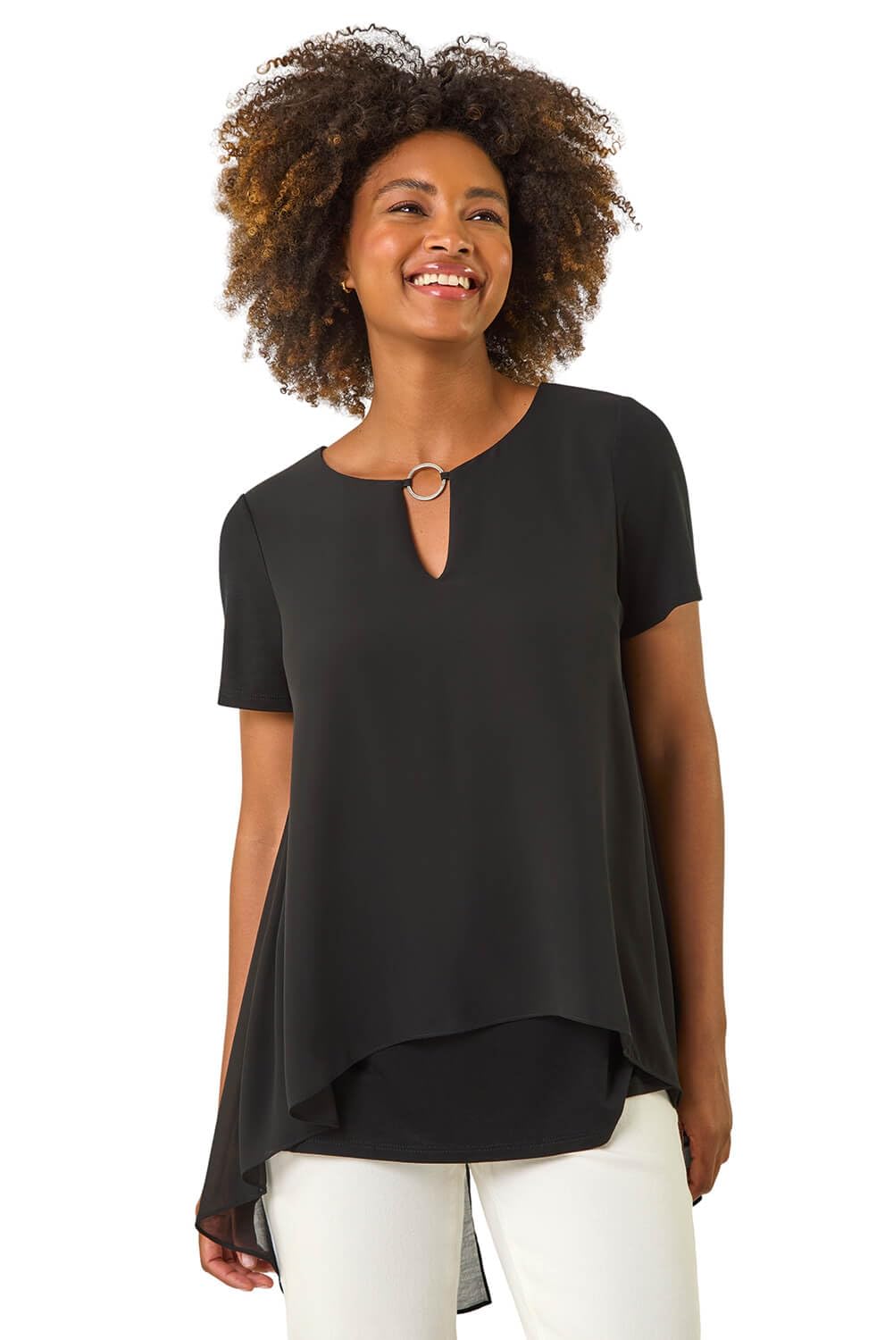 Roman Originals Women's Plain Black Ring Front Chiffon Overlay Top For Uk - Everyday Holiday Spring Summer Round Neckline Comfy Soft Evening Vacation Work Party - Size 10