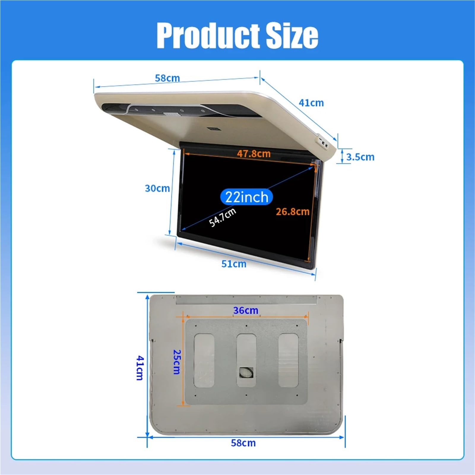 22 Inch Car Roof Monitor 1080P Flip Screen Top Multimedia Video Ceiling Roof Mounted Display With 16-color Ambient Light(Black)