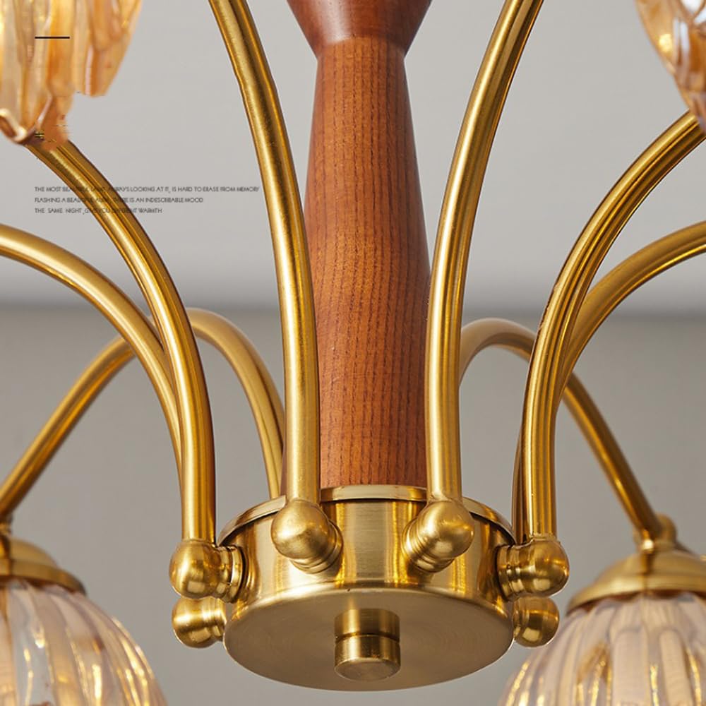 QTHWB Amber Tulip Glass Chandelier with Wood Base Mid-Century for Living Room, Dining Room & Bedroom