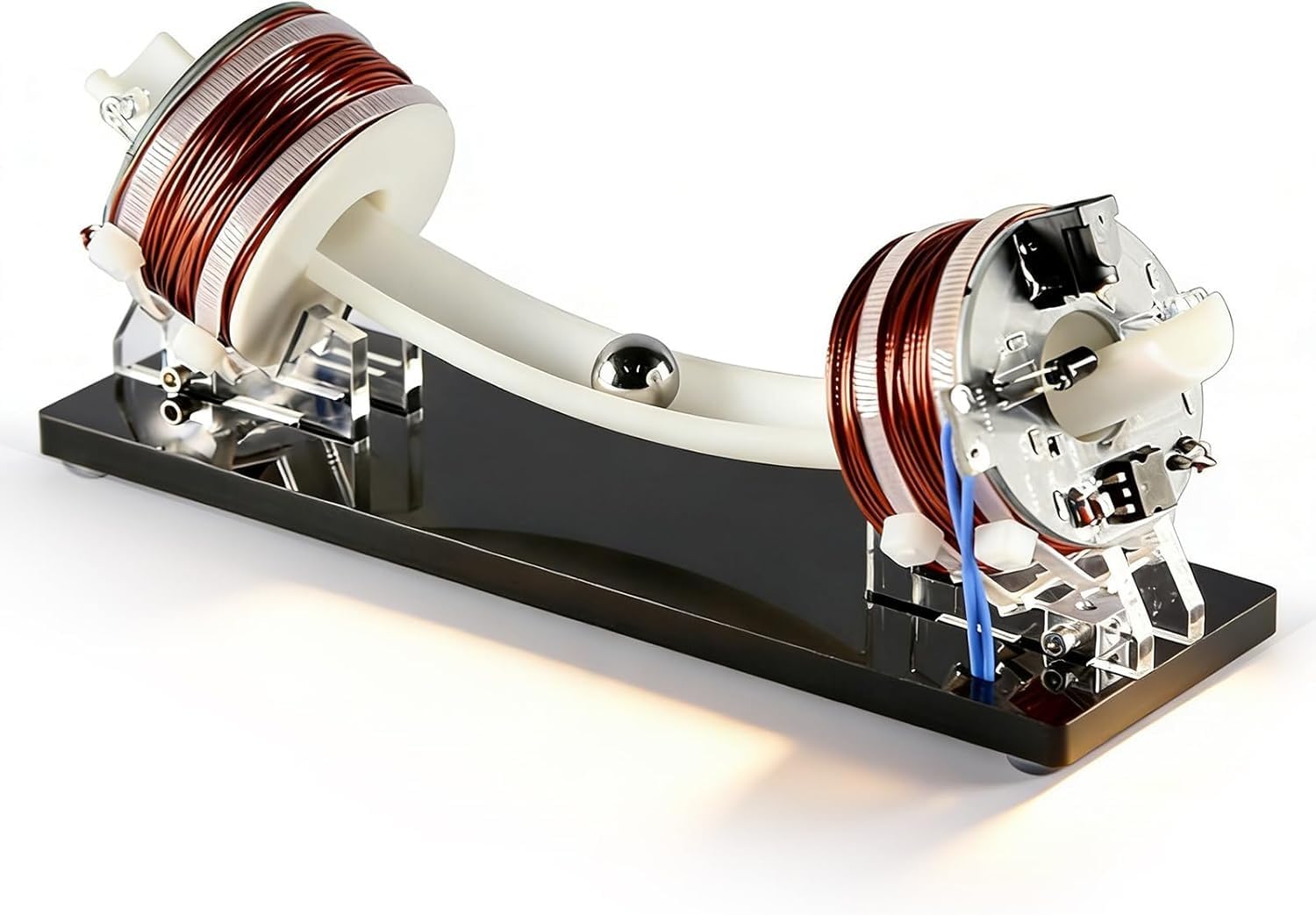 Model akceleratora z cewką elektromagnetyczną o zakrzywionym torze, zestaw demonstracyjny z 2-cewkami z kulkami stalowymi, model demonstracyjny do nauczania fizyki