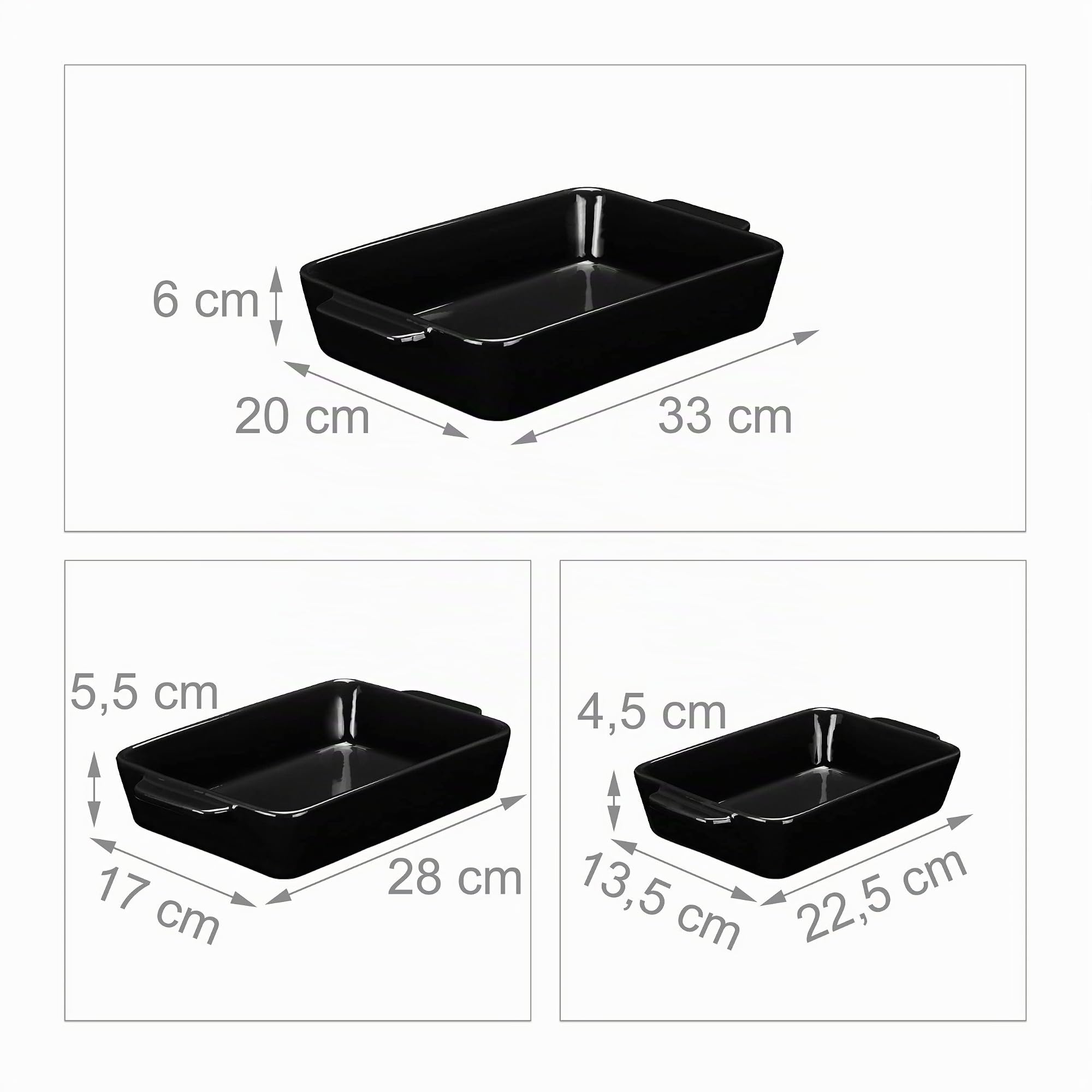 Relaxdays Auflaufform Set, Keramik, 3 Größen, eckig, Ofenform für Lasagne, Gratin, Tiramisu, spülmaschinenfest, schwarz
