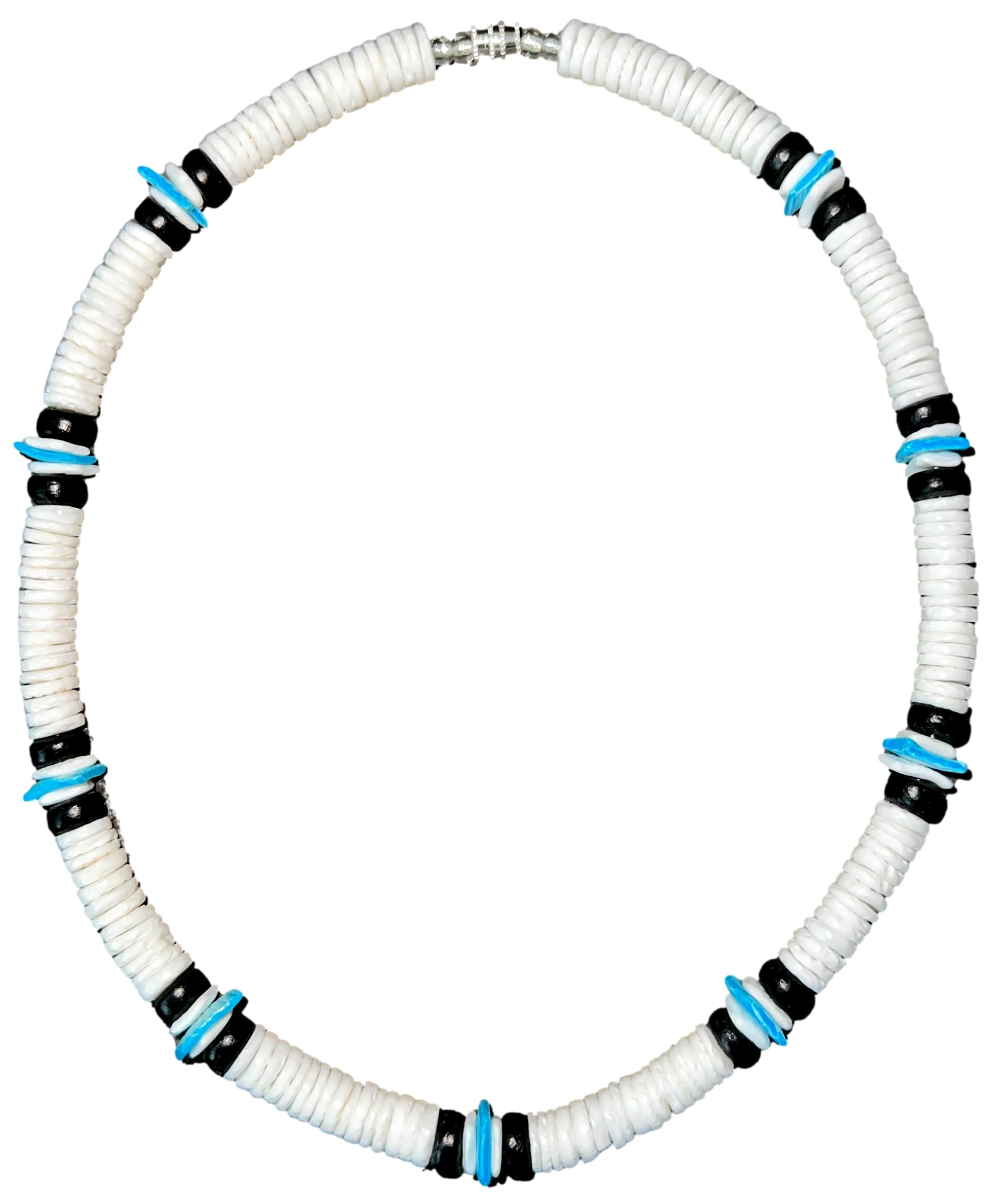 Native Treasure Mens and Womens Tropical Summer Beach Surfer Necklace From the Philippines, White Ark Shells, Black Coconut Beads, Mens Shell Necklace