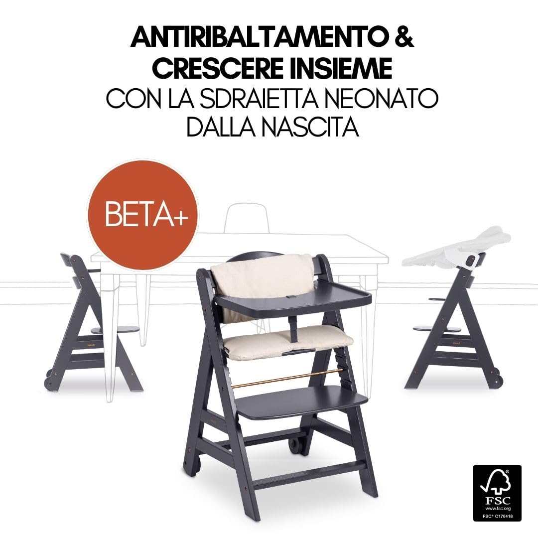 hauck Seggiolone Beta Plus Deluxe - Seggiolone Evolutivo in Legno con Sdraietta e Dondolo per Neonati, Sediolone Pappa, Sicurezza Massima con Cintura a 5 Punti, Regolabile per Tavoli Standard -