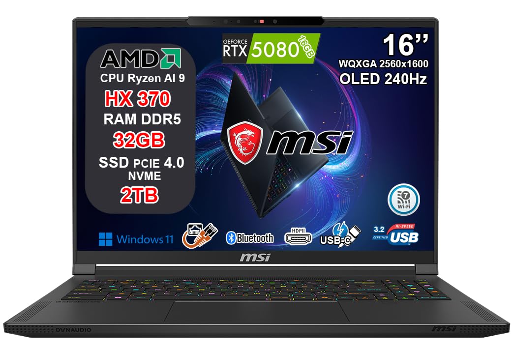 msi Stealth A16 AI+ Notebook Gaming Ryzen AI 9 HX 370, RTX 5080 16GB GDDR7, 32GB RAM, 2TB SSD, 16" QHD+ OLED HDR 240Hz 100% DCI-P3, Thunderbolt 4, Wi-Fi 7, Tastiera RGB, Fingerprint, Windows 11