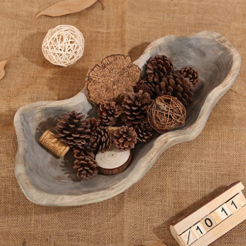 Wavy Live Edge Wooden Dough Bowl For Decor 16"L Medium Natural Root Wood Hand Carved Decorative Wooden Farmhouse Fruit Bowl Handmade, Home Decoration Centerpiece, Dining Room Table Display Bowl #TOP3