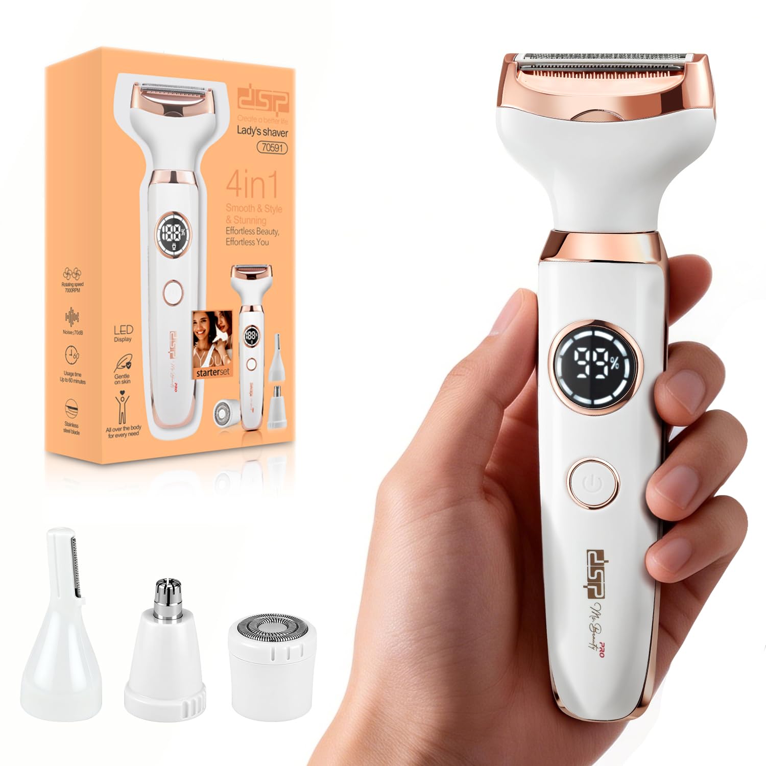 DSP Rasoio elettrico 4 in 1 da donna, rasoio da donna ricaricabile con display a LED e ricarica rapida, trimmer elettrico per viso, corpo, gambe, bikini, kit portatile per la famiglia