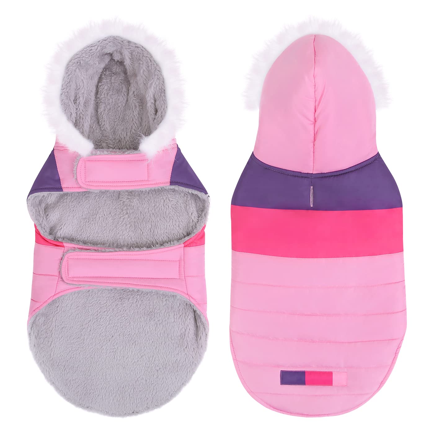 HDE Chaqueta acolchada para perros con forro polar cálido parka para perros abrigo de invierno con agujero de arnés, rayas rosas - S