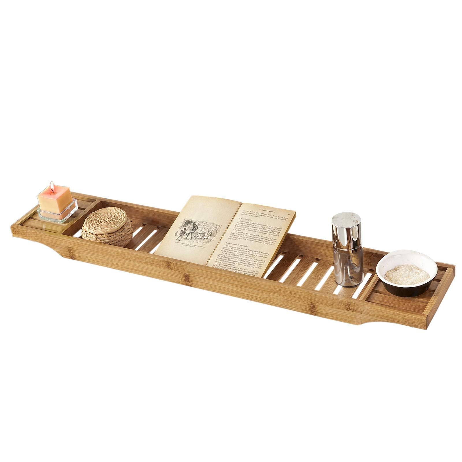 SoBuy Plateau de Baignoire en Bambou 80 cm – Pont de Baignoire en Bois – Extra Long & Vernis pour Grandes Baignoires, Support Verre de Vin & Emplacement Bougie FRG212-N