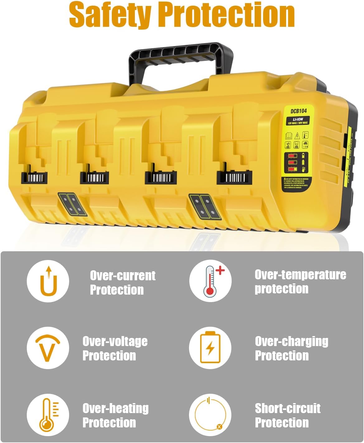 DCB104 4-Port Fast Charger Replacement for Dewalt 20V Max Battery Charger Station, with 2 USB Ports, Compatible for DeWalt 12V 20V 20V/60V Lithium Battery DCB120 DCB204 DCB206 DCB208 DCB606