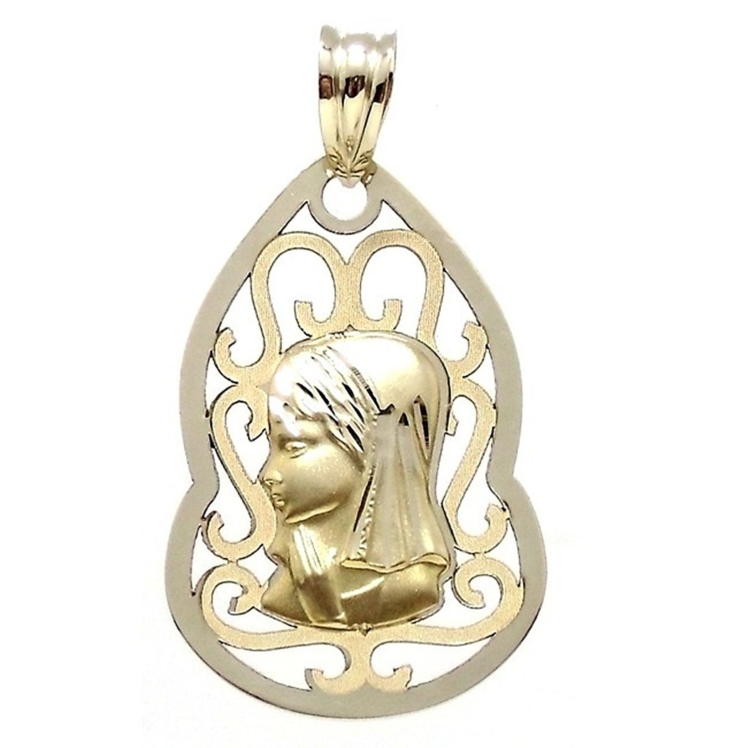 Medalla colgante oro 9k Virgen Niña 27mm. forma lágrima centro calado formas cerco liso