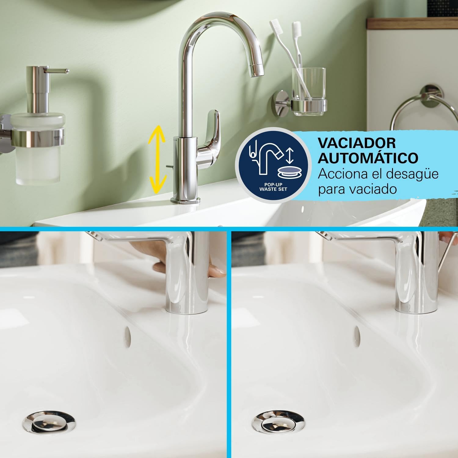 GROHE Swift Quickfix-Monomando de lavabo de 1/2" Tamaño L, Cromo, Menor consumo de energía/agua 24330001