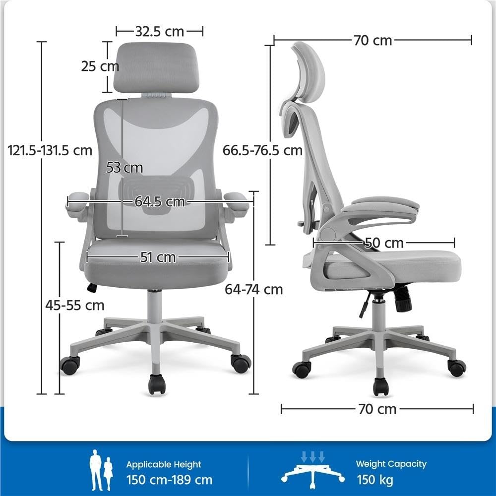 Yaheetech Ergonomiczne krzesło biurowe z podłokietnikami, regulowany zagłówek, wysokie oparcie, funkcja huśtawki, krzesło obrotowe z oddychającej siatki z podparciem lędźwiowym, kolor szary