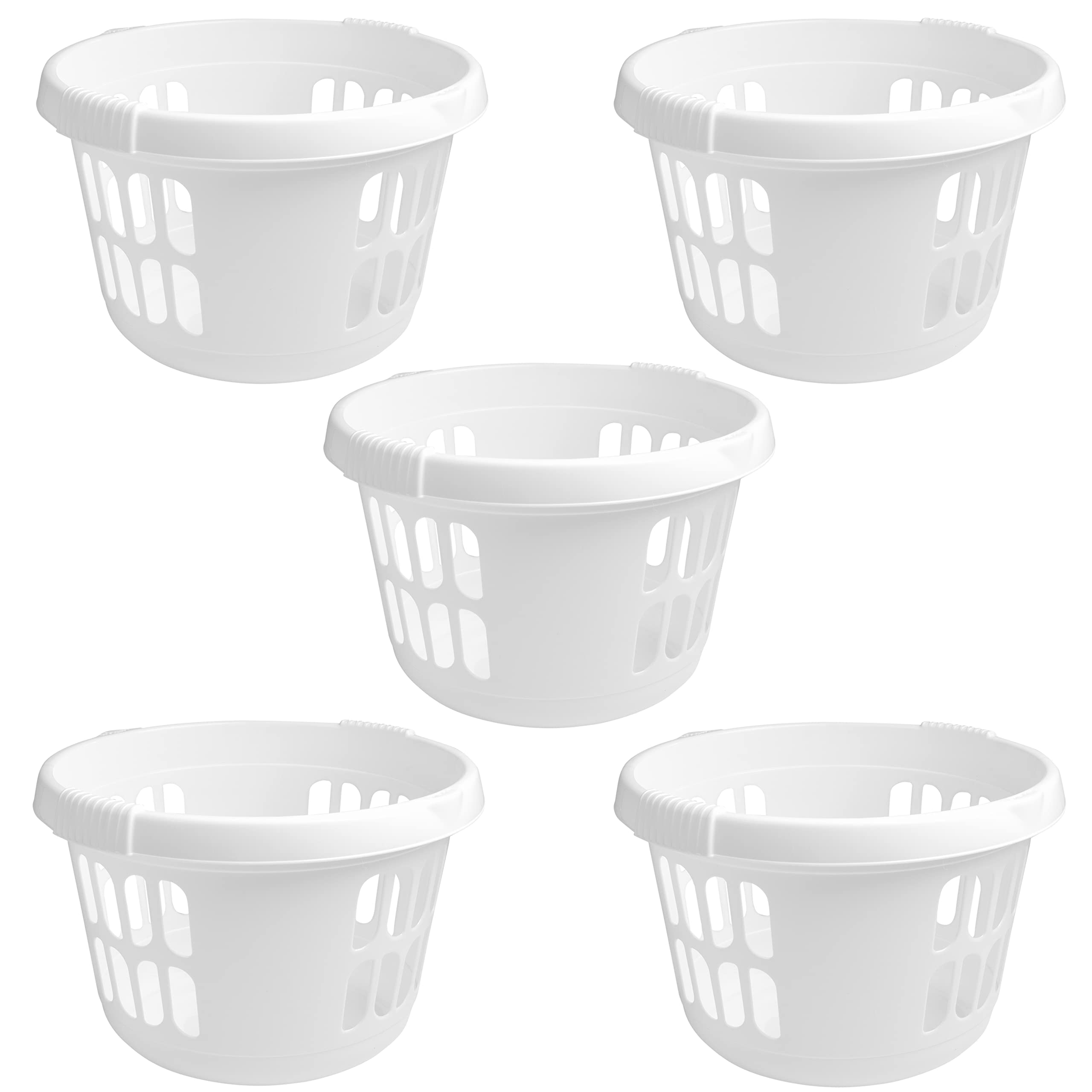JMS we create smile (𝐒𝐞𝐭 𝐎𝐟 𝟓 50 Litre Round Laundry Basket - Ice White Plastic 50L Washing Clothes Basket High Grade Linen Storage Bin Tidy (Ice White (Set of 5))