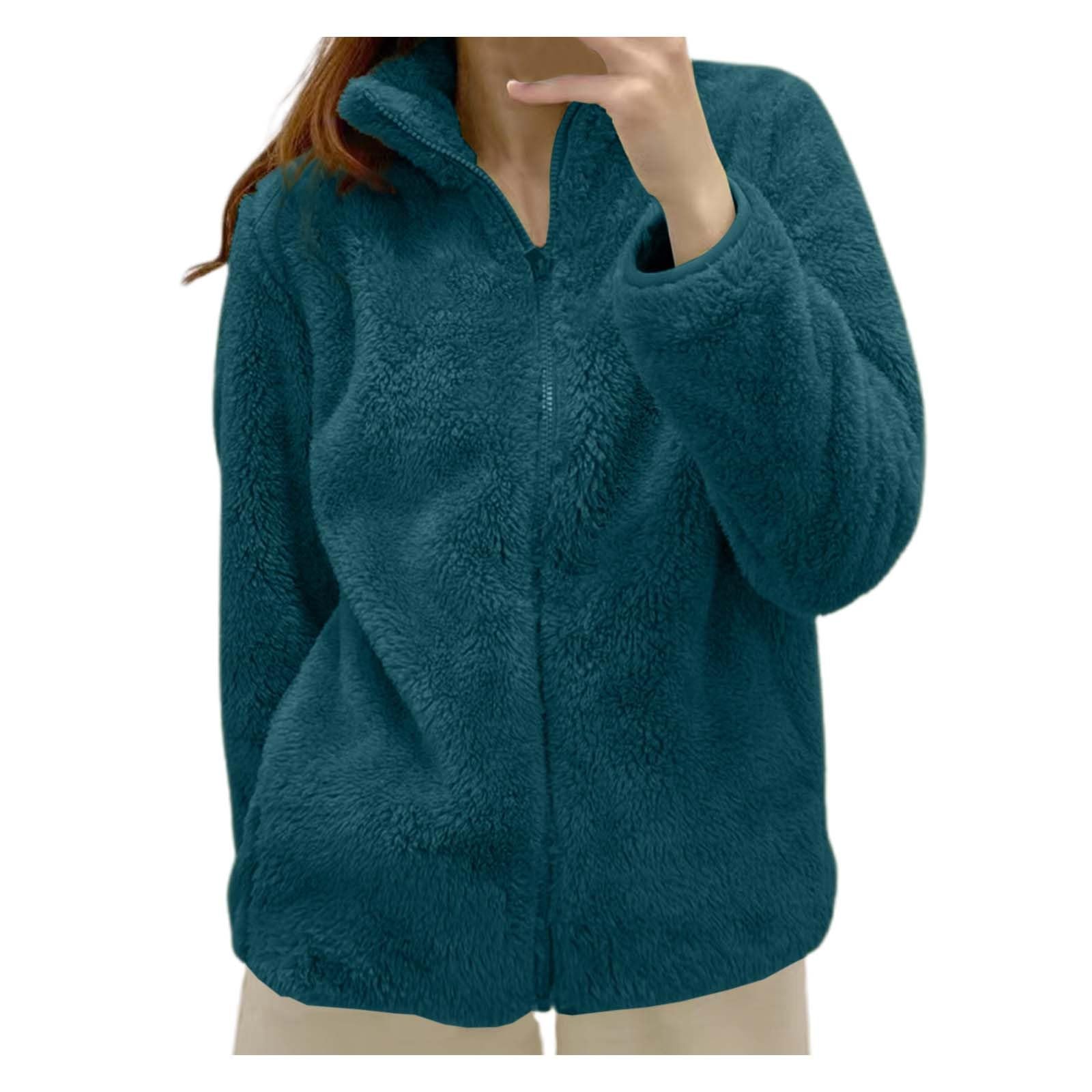 Polaires Femme Fermeture éclair Manteau Hiver Chaud Epais Doublé Polaire Haut Thermique Grande Taille Couleur Unie Manteau en Peluche Courte Décontractée Confortables Veste de Plein Air S-3XL