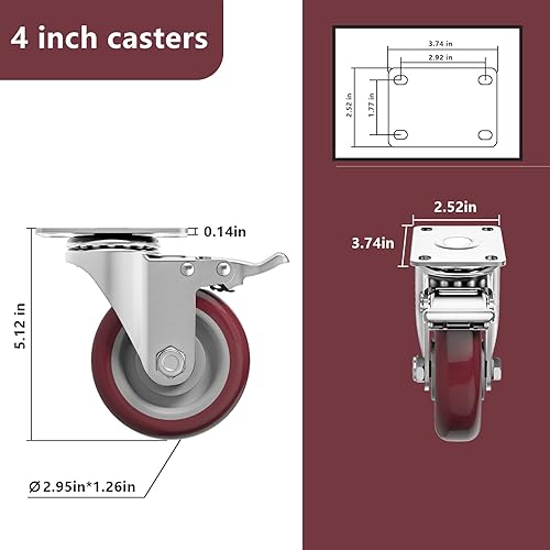 Miniatura 3 de Ruedas de 4 pulgadas, juego de 4 ruedas industriales resistentes, rojas con freno, ruedas de bloqueo para muebles y banco de trabajo para carro,