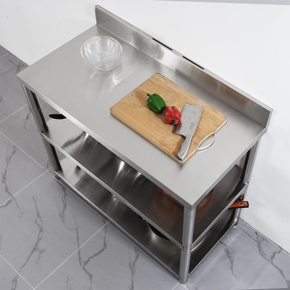 Mesa de horno de pizza de acero inoxidable, mesa de trabajo de preparación de cocina con estante para cuchillos y protector, banco de trabajo resistente, 100 x 50 x 80 cm para preparación de alimentos