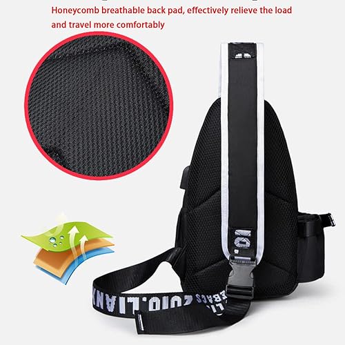 Miniatura 7 de Mochila de un solo hombro de moda con puerto USB y agujero para auriculares, patrón luminoso (negro)