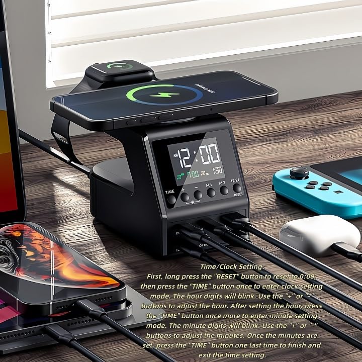 Estación de carga de escritorio multifuncional de pantalla digital de 240 W con 6 puertos USB y cargador inalámbrico de carga rápida PD de 140 W