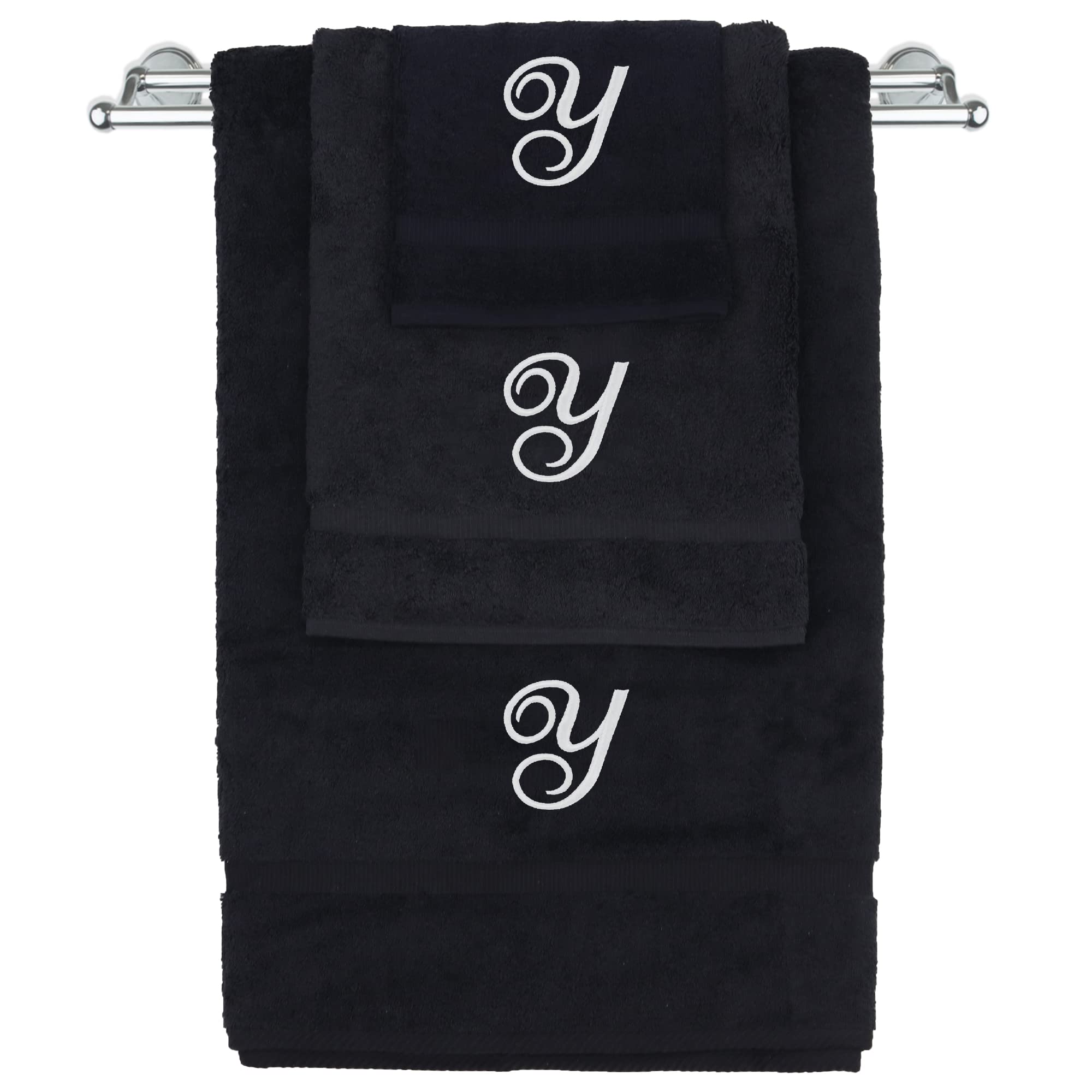 Juego de toallas con monograma, regalo personalizado, juego de 3 toallas bordadas con letras blancas, extra absorbentes, 100% algodón turco, acabado de rizo suave, inicial, color negro